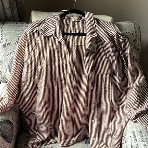 Striped Long-Sleeve Zara Button-Up Shirt in Brown and White
